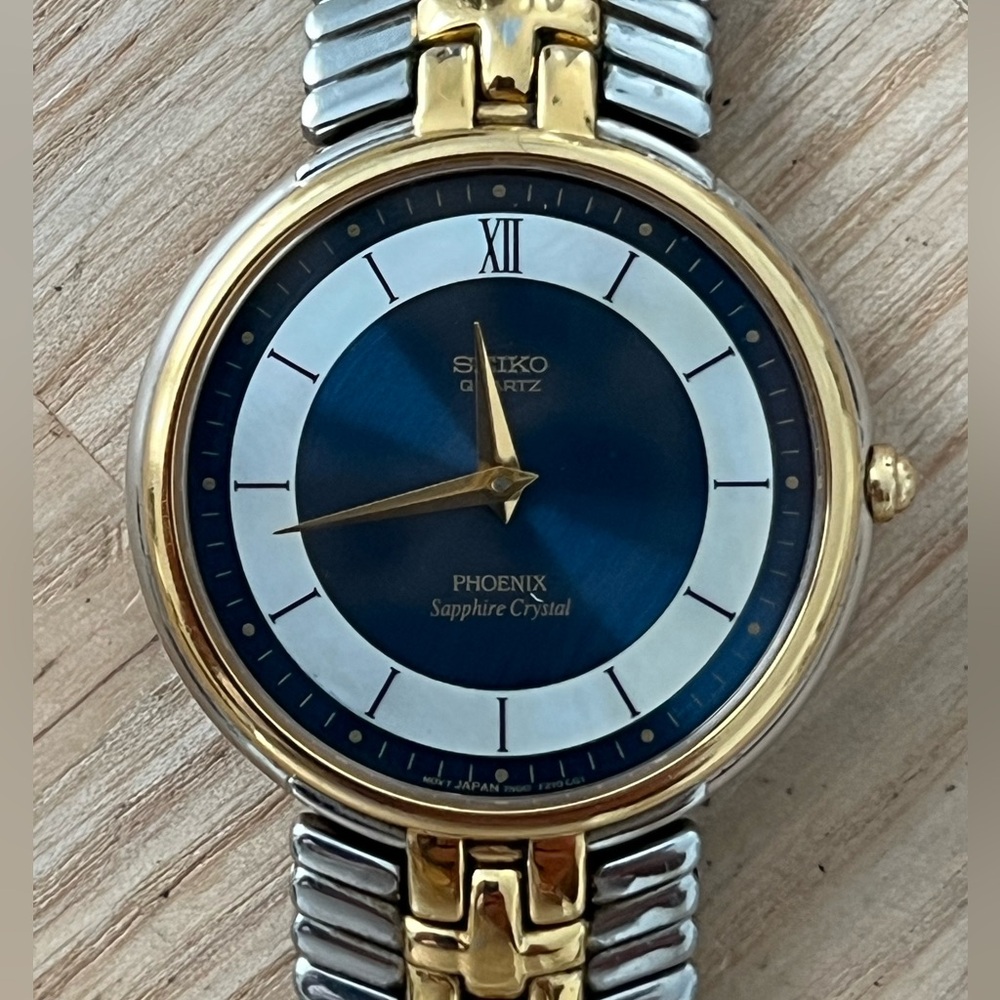 Seiko Phoenix Rare Vintage Watch Blue and Pearl Dial Two-Tone Bracelet Stunning